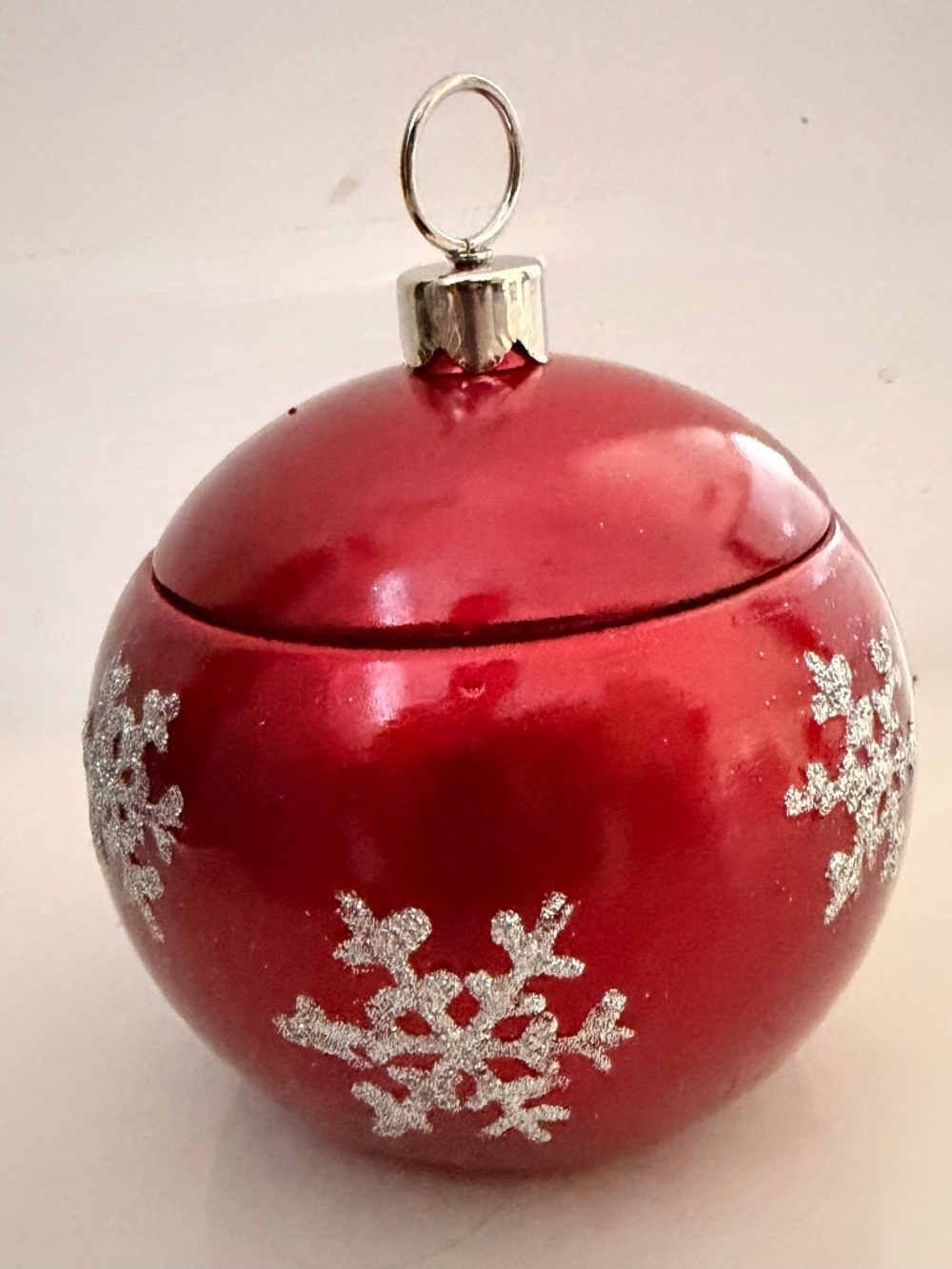 Red Ceramic Christmas Ornament Jar with Silver Snowflakes
